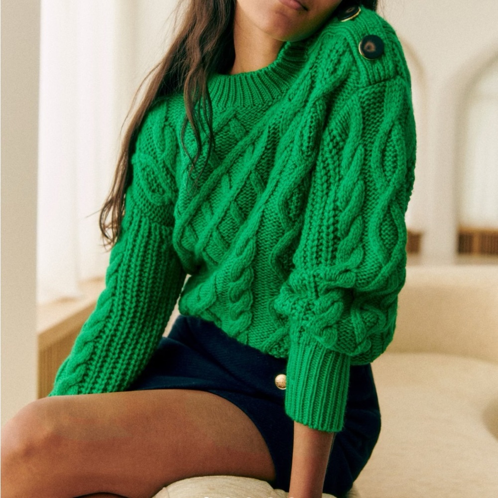 Sezane Emerald Green Cable Knit Button-Shoulder Sweater